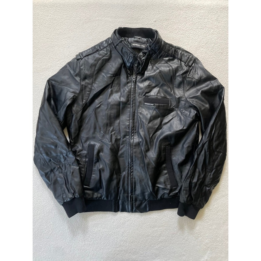 Members Only Mens Med Faux Leather Racer Jacket Black Iconic Full Zip Epaulettes